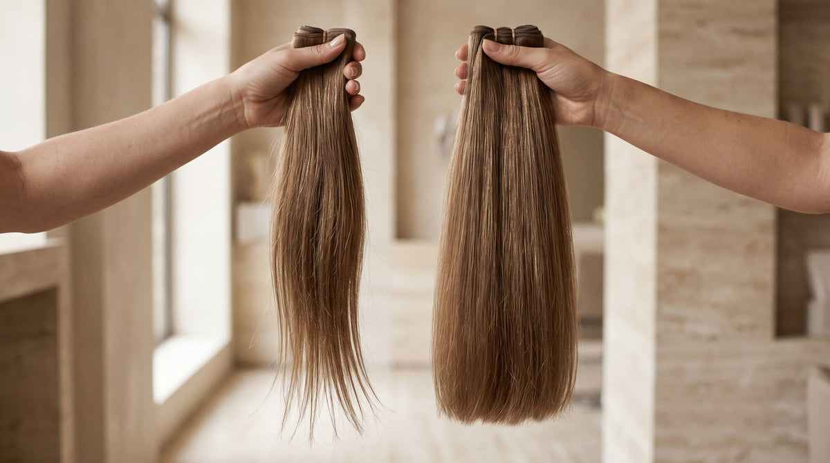 Single drawn and double drawn hair extensions side by side showing thin tapered ends versus full ends