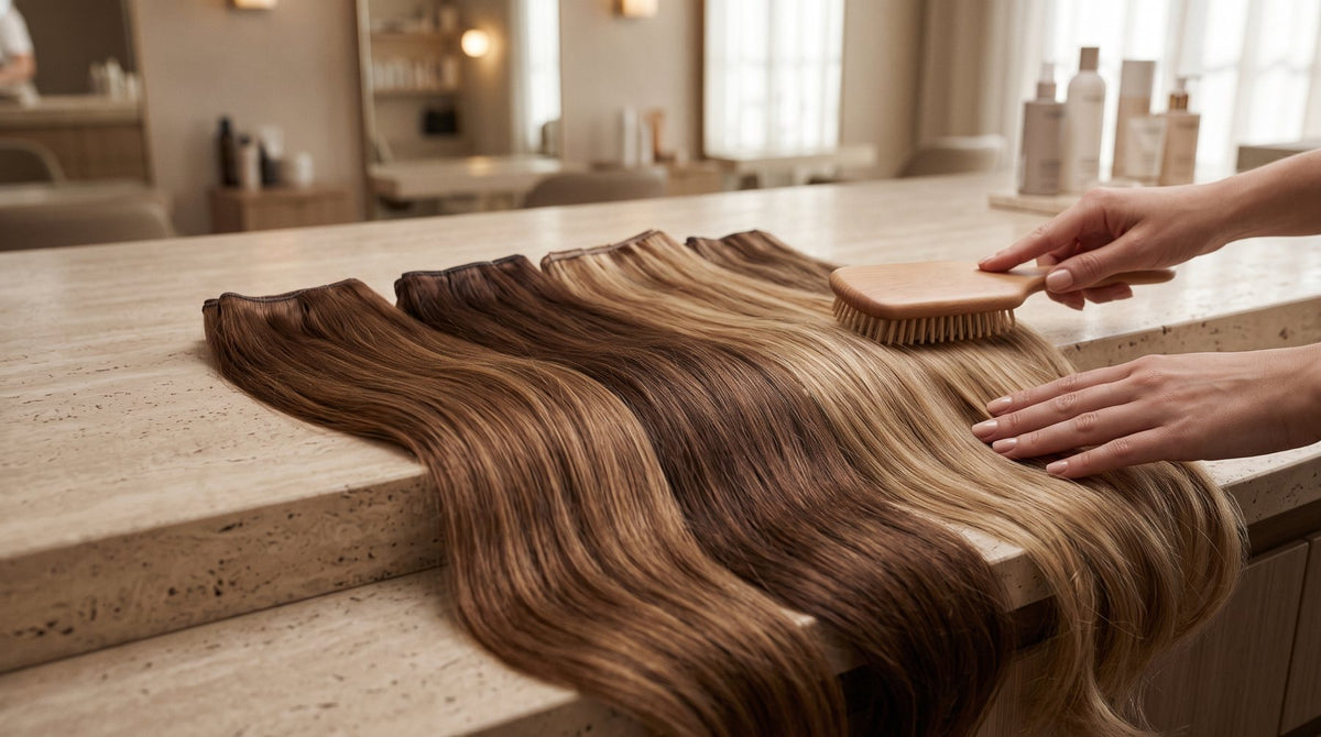 Machine, Genius and butterfly weft hair extensions laid side by side on a travertine salon counter