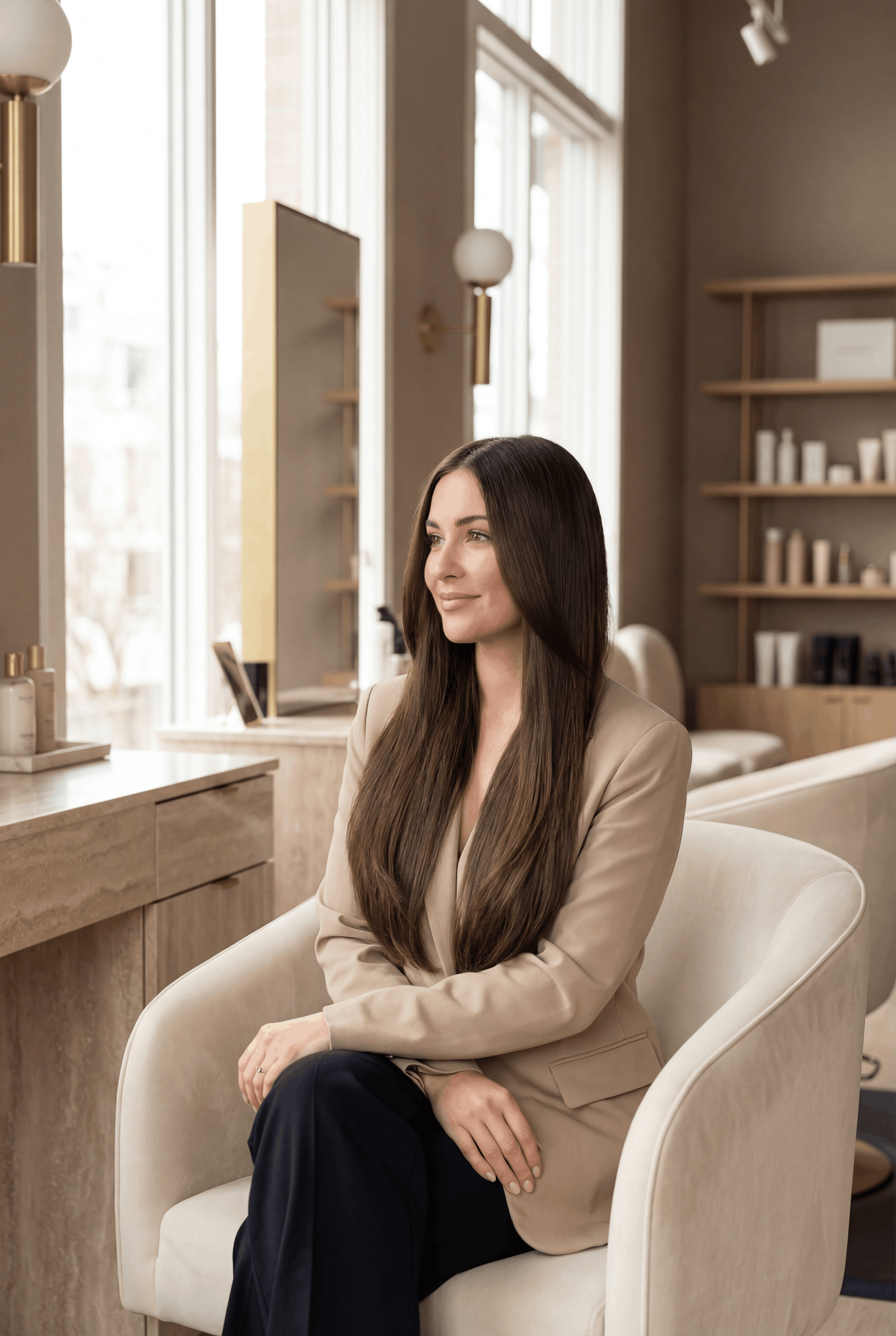 Model with full, voluminous hair extensions demonstrating different hair gram packages from subtle volume to bombshell fullness