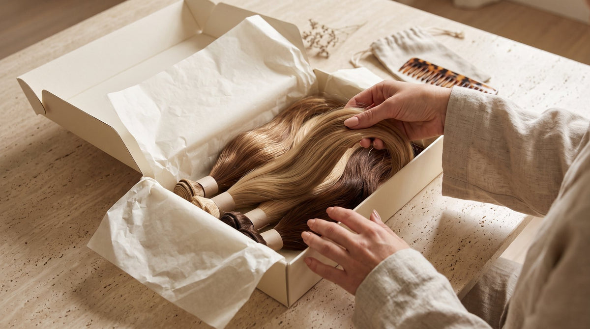 Hands unboxing glossy human hair extensions bought online on a beige travertine table