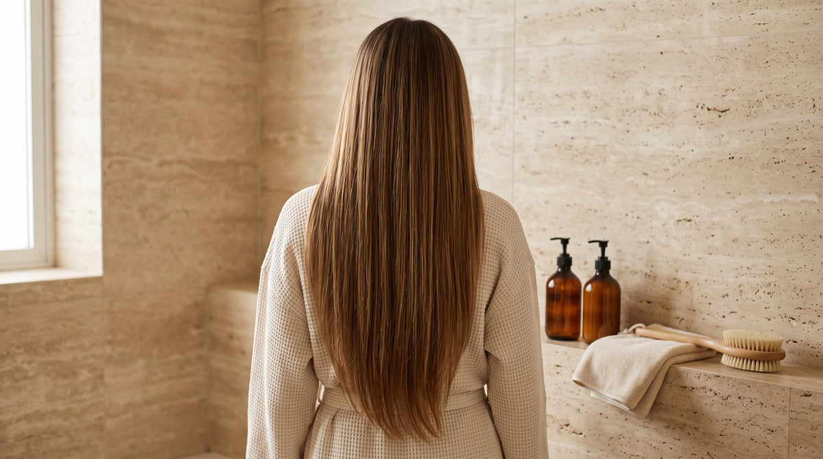 Long glossy human hair extensions ready for washing in a warm travertine bathroom with gentle care products