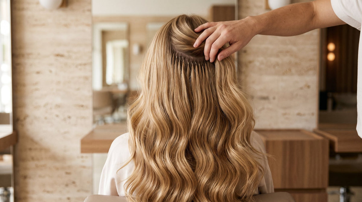 Stylist lifting a section of blonde hair to show discreet nano ring hair extensions at the roots