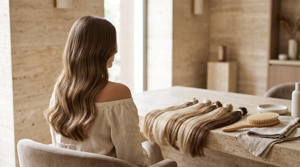Long glossy Slavic hair extensions on a woman seen from behind beside bundles of fine human hair in a salon