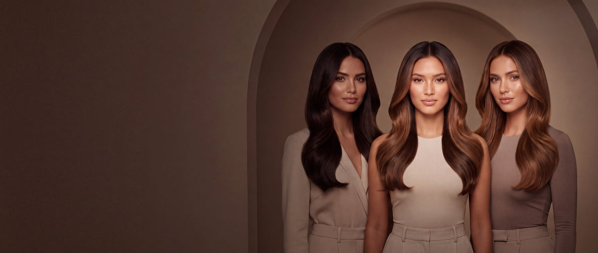 Three women with long glossy brunette and caramel hair extensions standing in a warm taupe archway