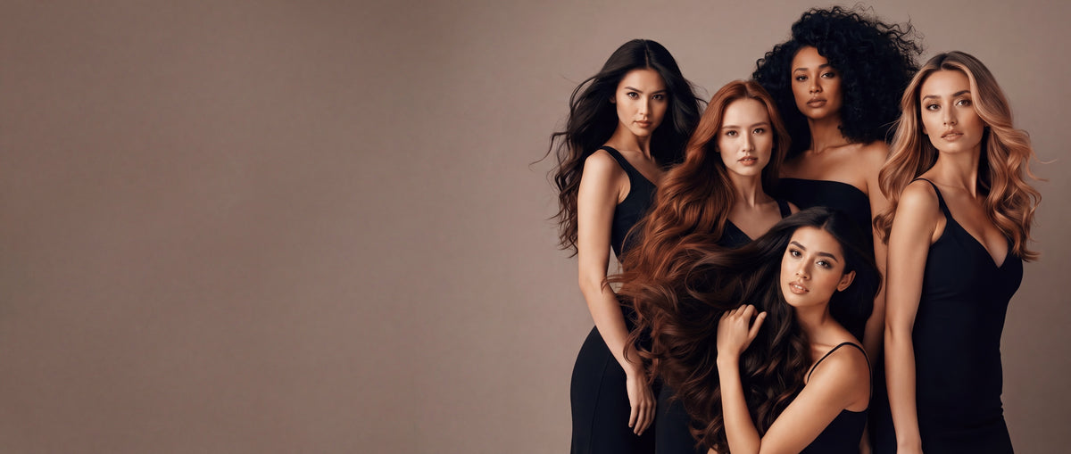 Five women with long, glossy hair extensions in black dresses, grouped on the right against a warm taupe studio backdrop