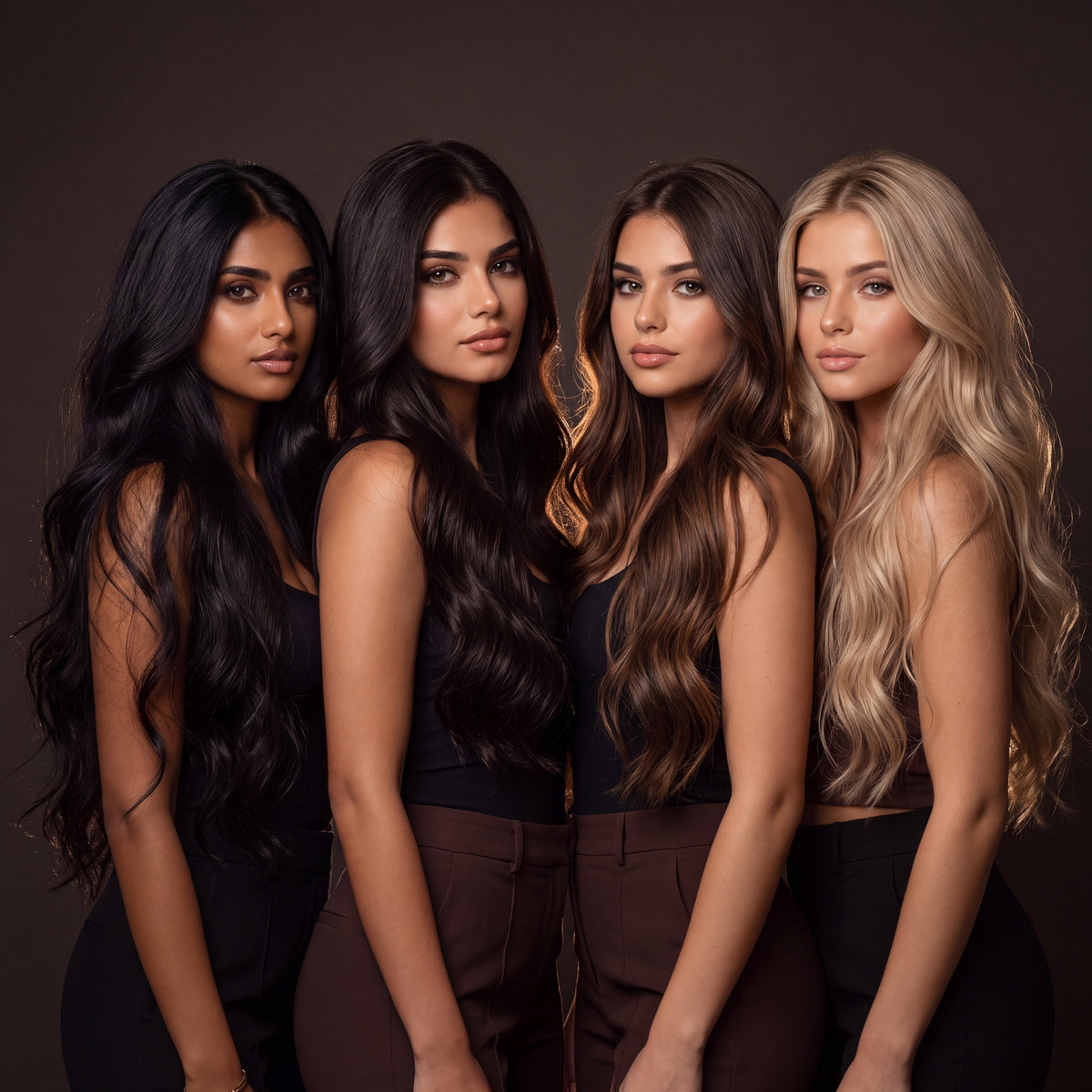 Four women with long glossy black, brunette, chestnut and blonde hair extensions against a dark studio backdrop