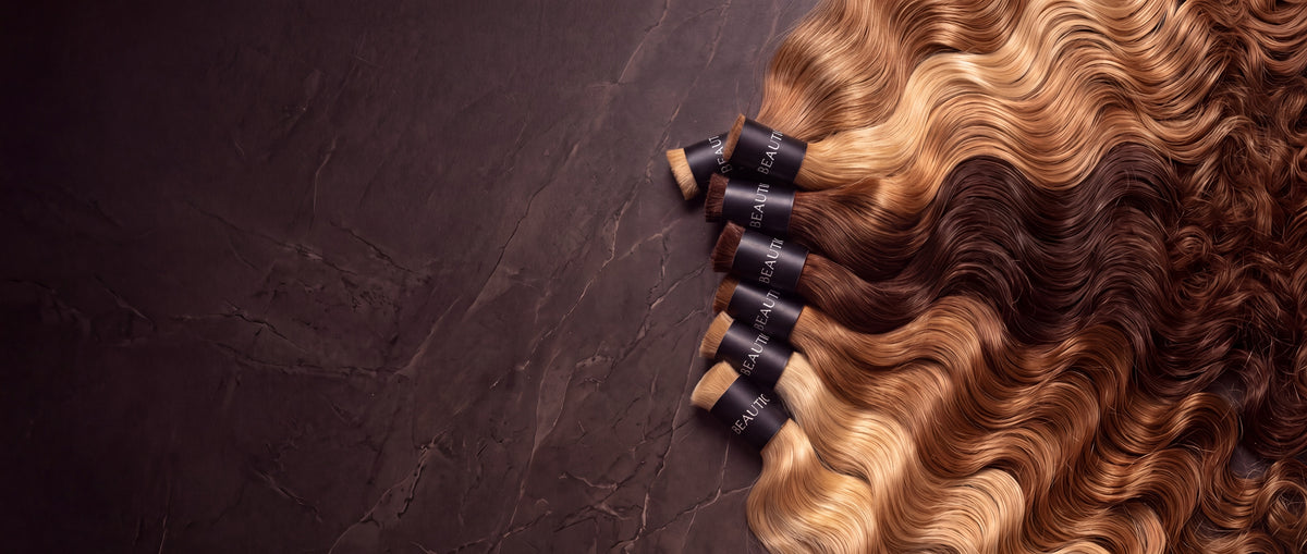 Beautico Slavic hair extension bundles in blonde, caramel and brunette shades on dark marble